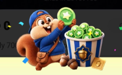 Playful squirrel holding a green star token beside a bucket of tokens
